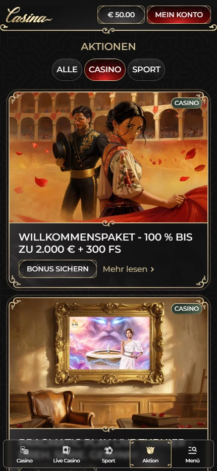 Casina Casino Bonusübersicht mit Willkommenspaket von 100 Prozent bis zu 2000 Euro plus 300 Freispiele und Drops and Wins Aktion